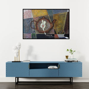 Preview of 'Untitled 11 (A Teapot's Tale)' Painting by Sangeeta Singh shown on a wall in a furnished room.