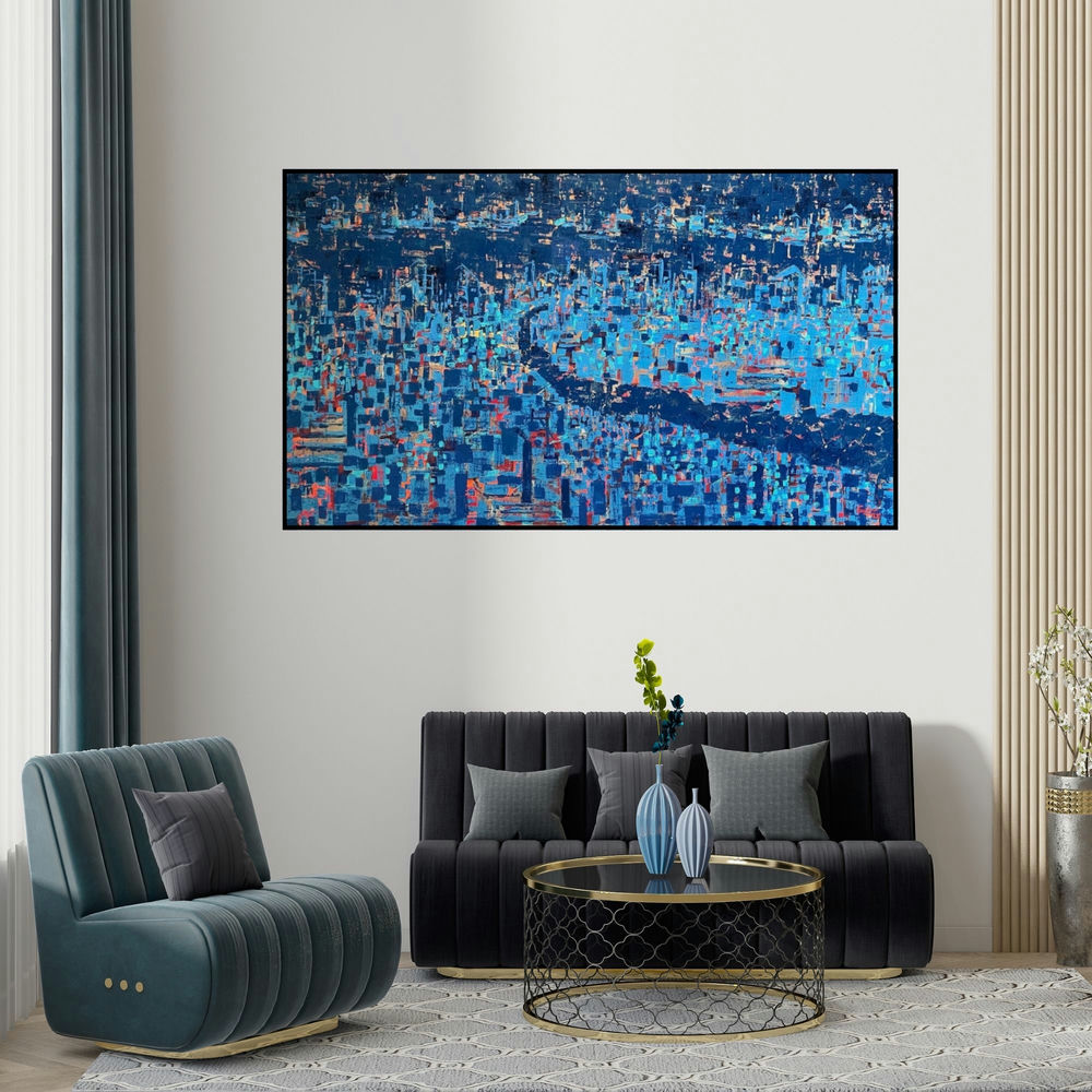 Karishma Wadhwa's 'Untitled 11' painting visualized above a sofa in a contemporary room.