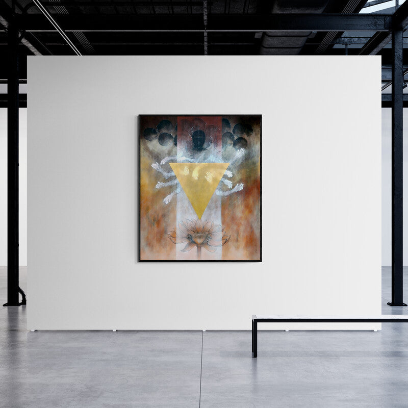 Sajal Patra's painting 'Untitled 11 (The Tapestry of Existence**)' displayed in a modern living room setting