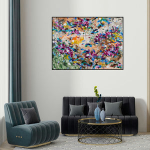 Sheena Bajaria's 'Untitled 11 (Abstract Floral Landscape)' painting visualized above a sofa in a contemporary room.