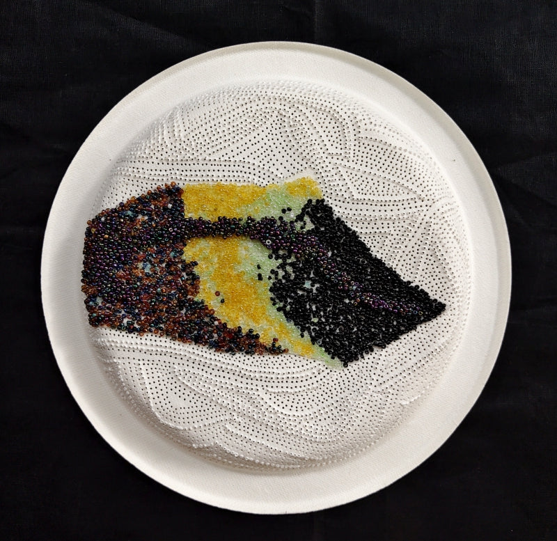 Untitled 11' contemporary mixed-media painting by artist Poonam Kishor, 12x12 inch, on food paper plate