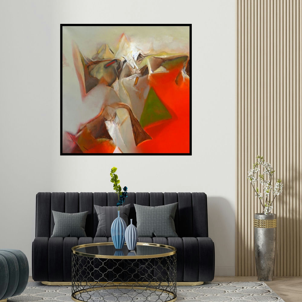 Shrikant Kadam's 'Untitled 114 (Eruption)' painting visualized above a sofa in a contemporary room.