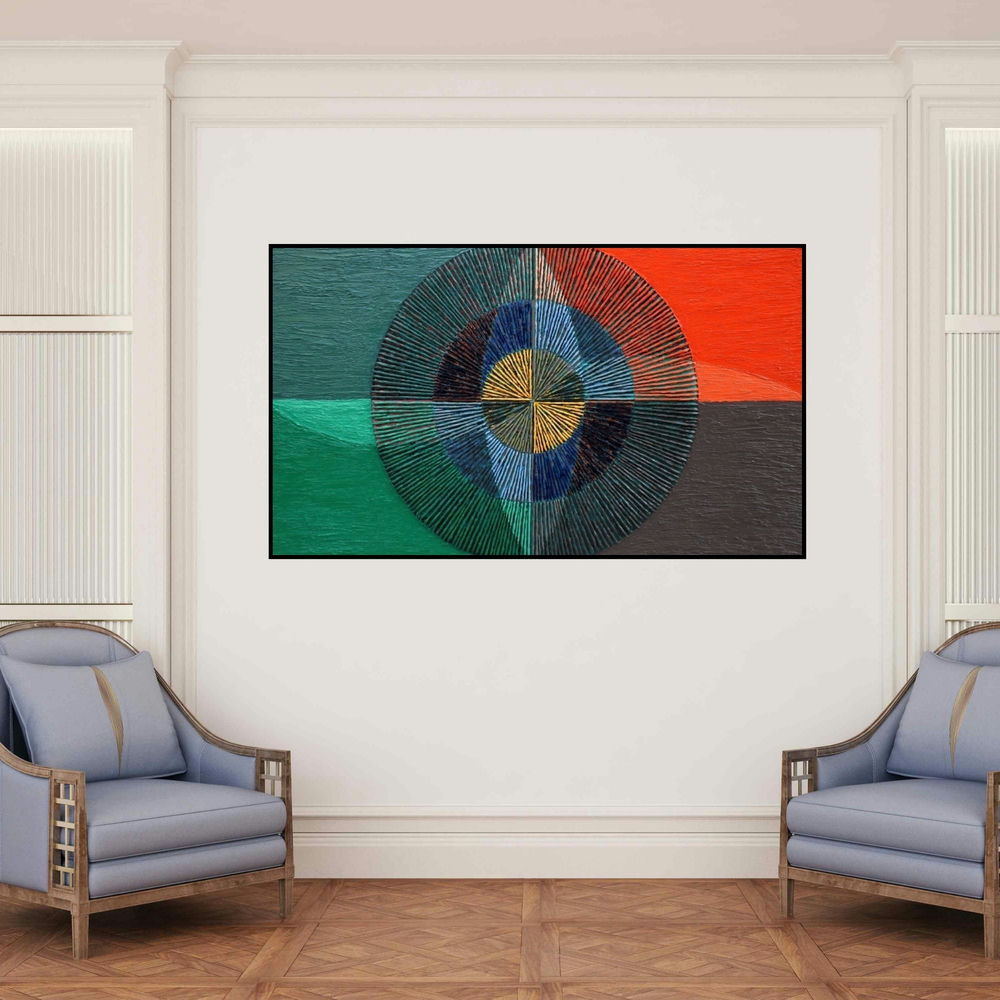 'Untitled 114' painting by Sandesh Khule shown on a wall in a furnished room.
