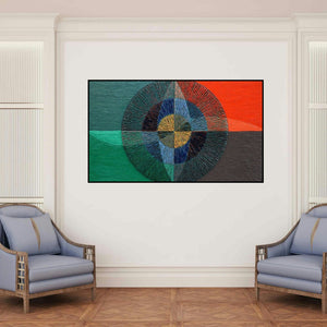 'Untitled 114' painting by Sandesh Khule shown on a wall in a furnished room.