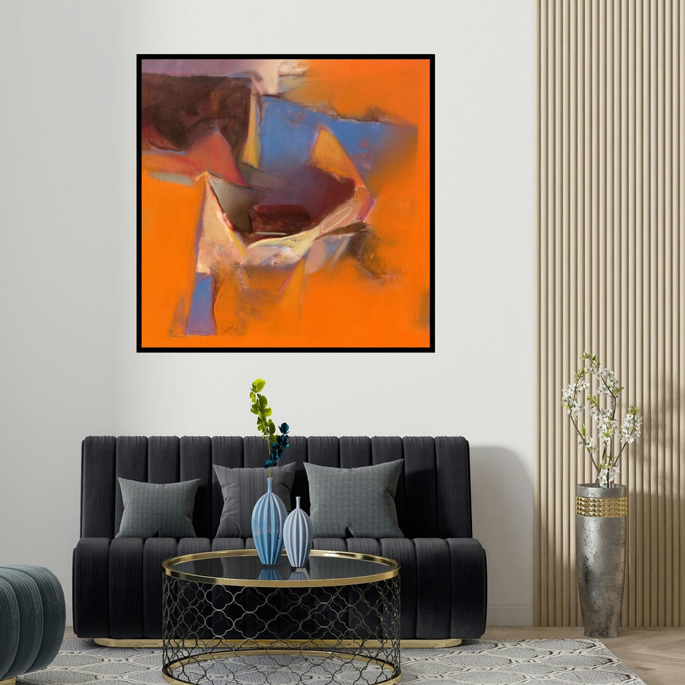 Shrikant Kadam's 'Untitled 115' painting visualized above a sofa in a contemporary room.