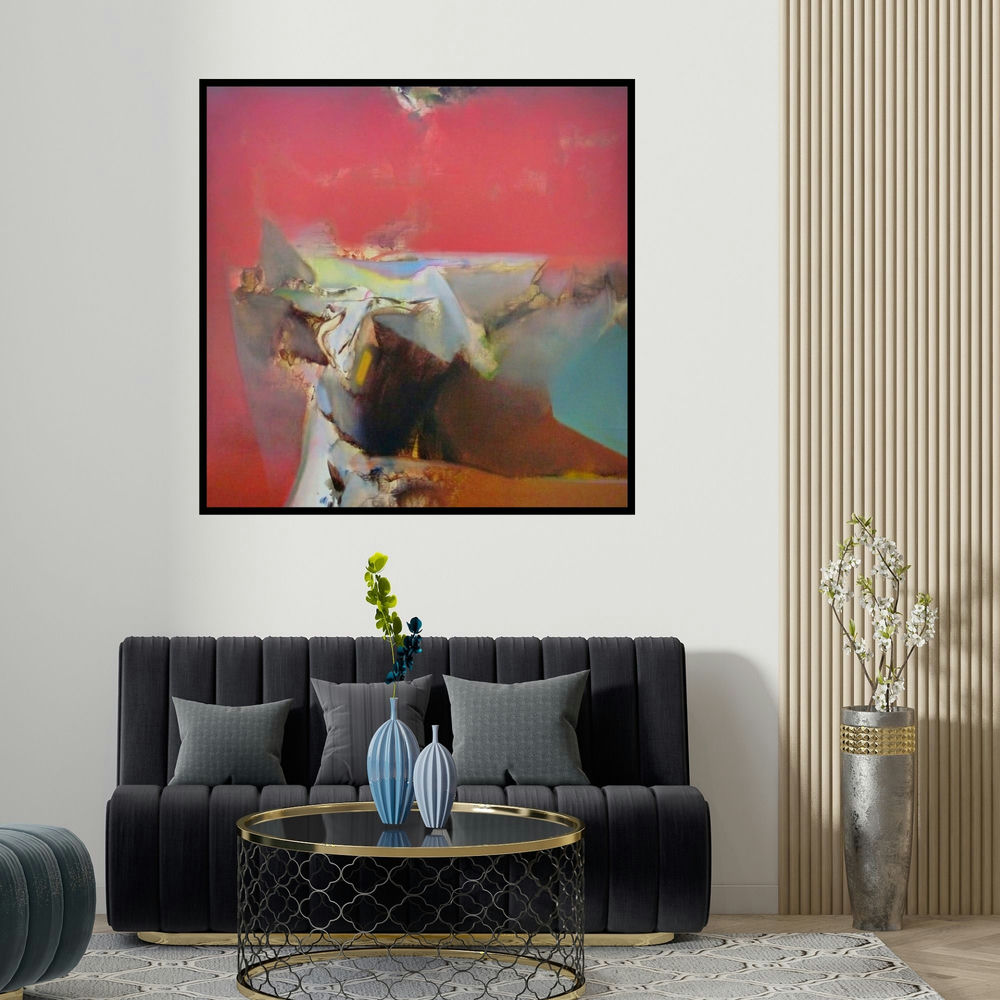 Shrikant Kadam's 'Untitled 118 (Crimson Horizon)' painting visualized above a sofa in a contemporary room.