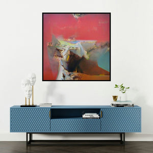 'Untitled 118 (Crimson Horizon)' painting by Shrikant Kadam shown on a wall in a furnished room.