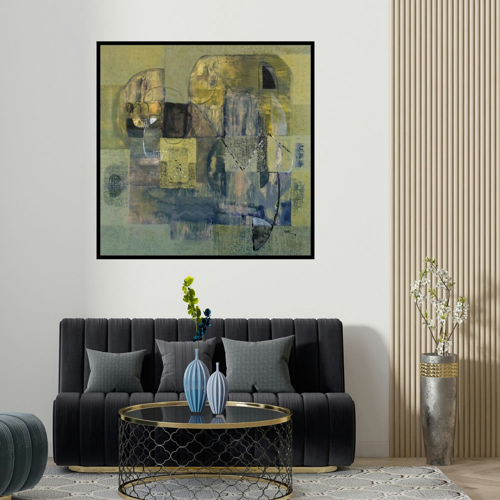 Vivek Nimbolkar's 'Untitled 12 (Earth Tones)' painting visualized above a sofa in a contemporary room.
