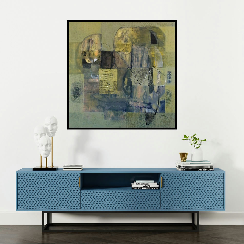 'Untitled 12 (Earth Tones)' painting by Vivek Nimbolkar shown on a wall in a furnished room.