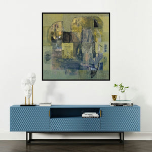 'Untitled 12 (Earth Tones)' painting by Vivek Nimbolkar shown on a wall in a furnished room.