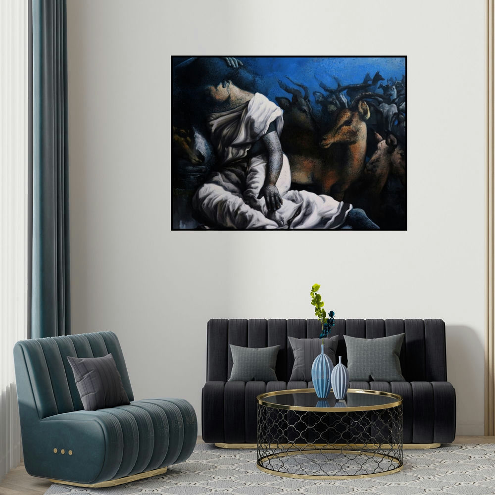 Arya Chowdhury's 'Untitled 12 (Guardian of the Flock)' painting visualized above a sofa in a contemporary room.