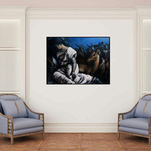 'Untitled 12 (Guardian of the Flock)' painting by Arya Chowdhury shown on a wall in a furnished room.