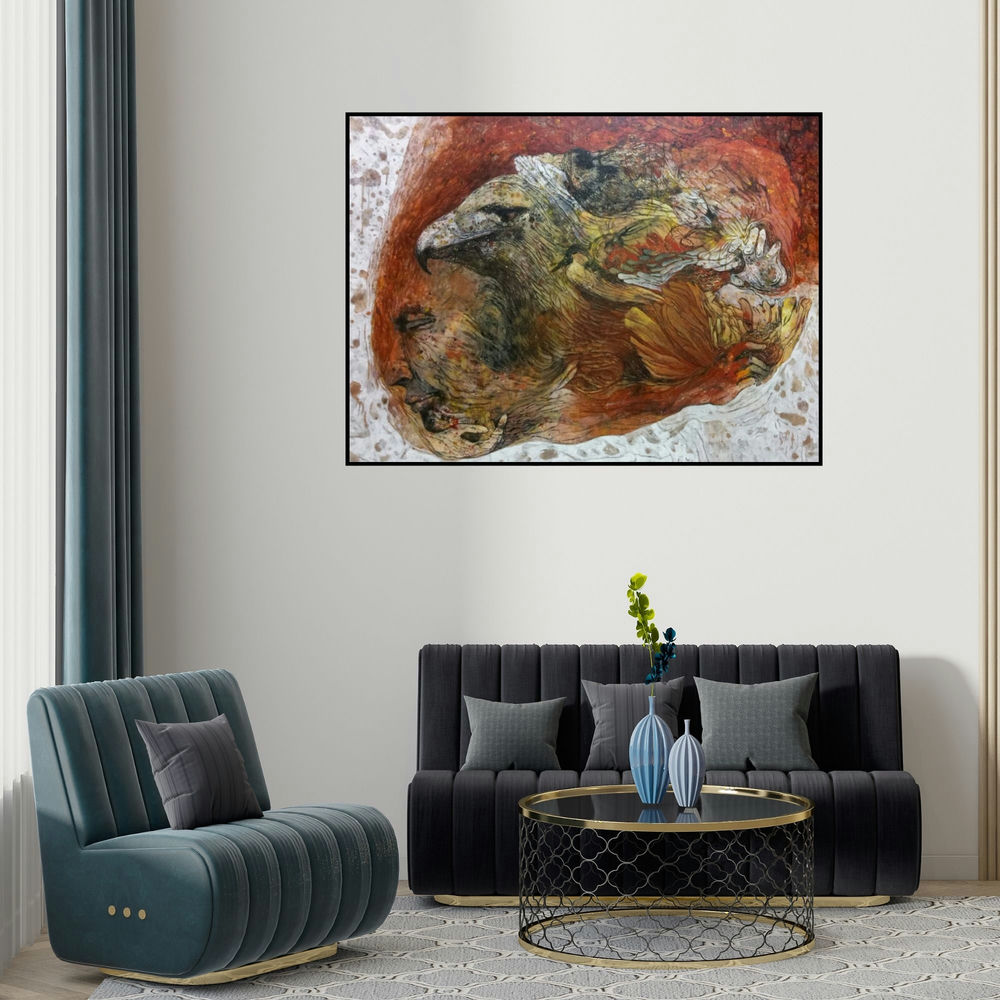 Swati Sable's 'Untitled 12 (The Watchful Eye)' painting visualized above a sofa in a contemporary room.