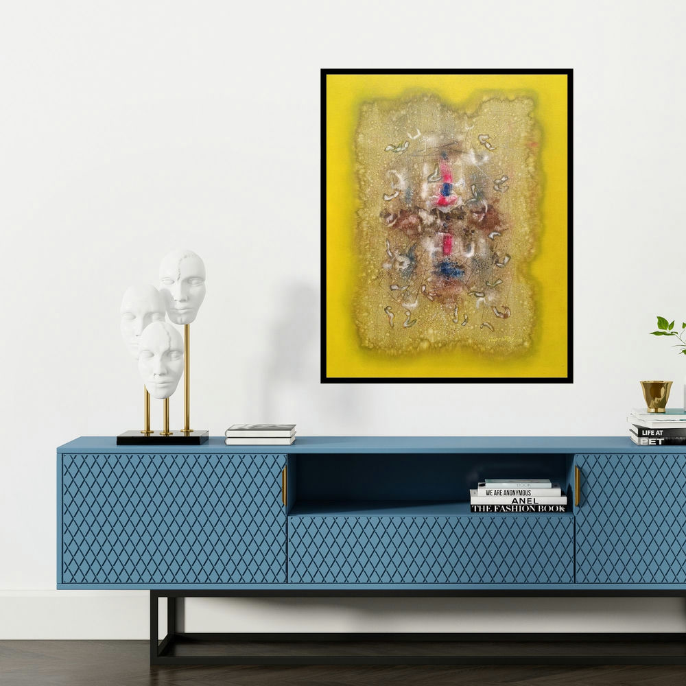 'Untitled 12' painting by Jai Chouhan shown on a wall in a furnished room.