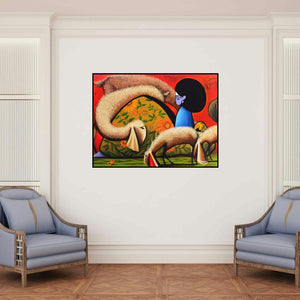 'Untitled 12 (Serene Shepherdess**)' painting by Pratap Kore shown on a wall in a furnished room.