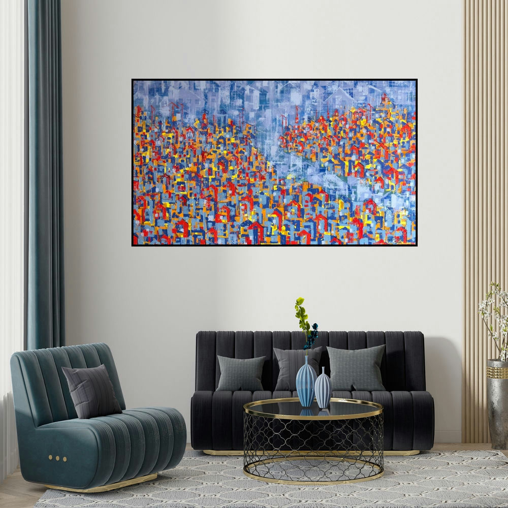 Karishma Wadhwa's 'Untitled 12 (Concrete Jungle)' painting visualized above a sofa in a contemporary room.