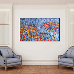 'Untitled 12 (Concrete Jungle)' painting by Karishma Wadhwa shown on a wall in a furnished room.