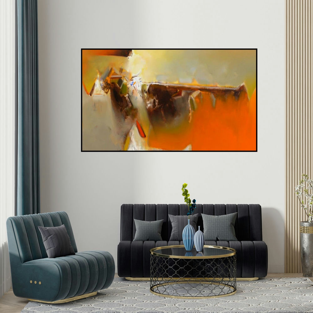 Shrikant Kadam's 'Untitled 120' painting visualized above a sofa in a contemporary room.