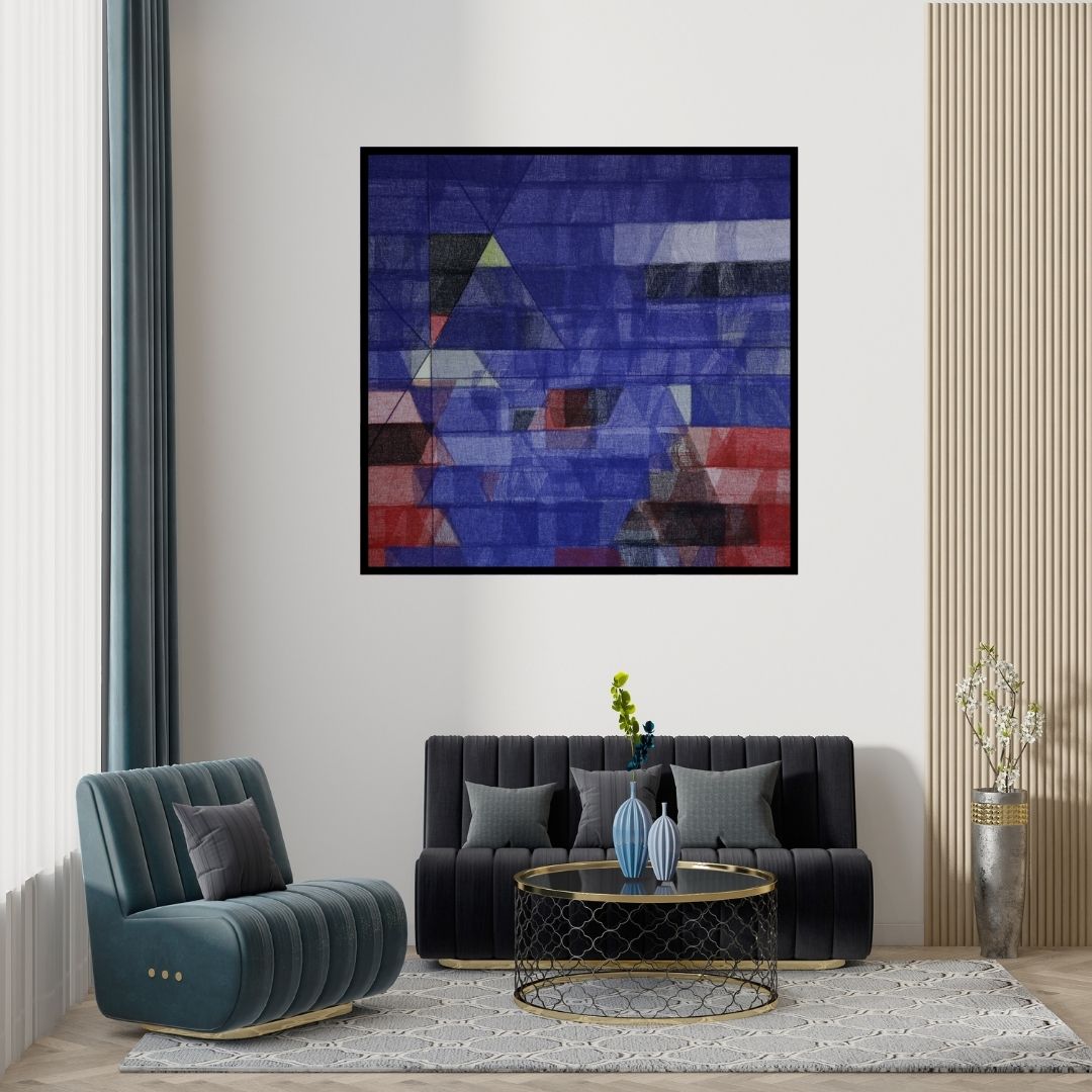 Preview of 'Untitled 120 (Shifting Realities)' Painting by Vivek Nimbolkar shown on a wall in a furnished room.