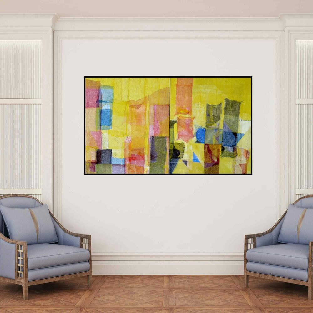 'Untitled 121' painting by Vivek Nimbolkar shown on a wall in a furnished room.