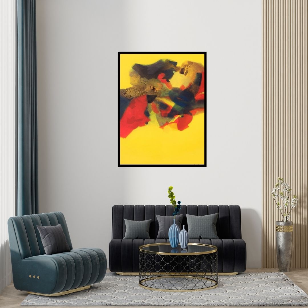 Preview of 'Untitled (Vibrant Forms)' Painting by Ravindra Parkhi shown on a wall in a furnished room.