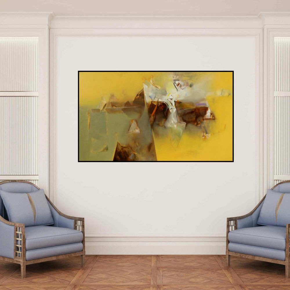 'Untitled 123' painting by Shrikant Kadam shown on a wall in a furnished room.