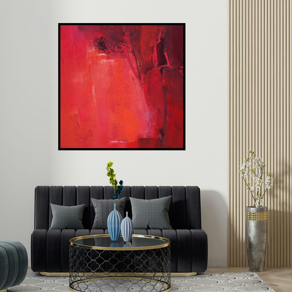 Siddhesh Rane's 'Untitled 123 (Scarlet Veil)' painting visualized above a sofa in a contemporary room.