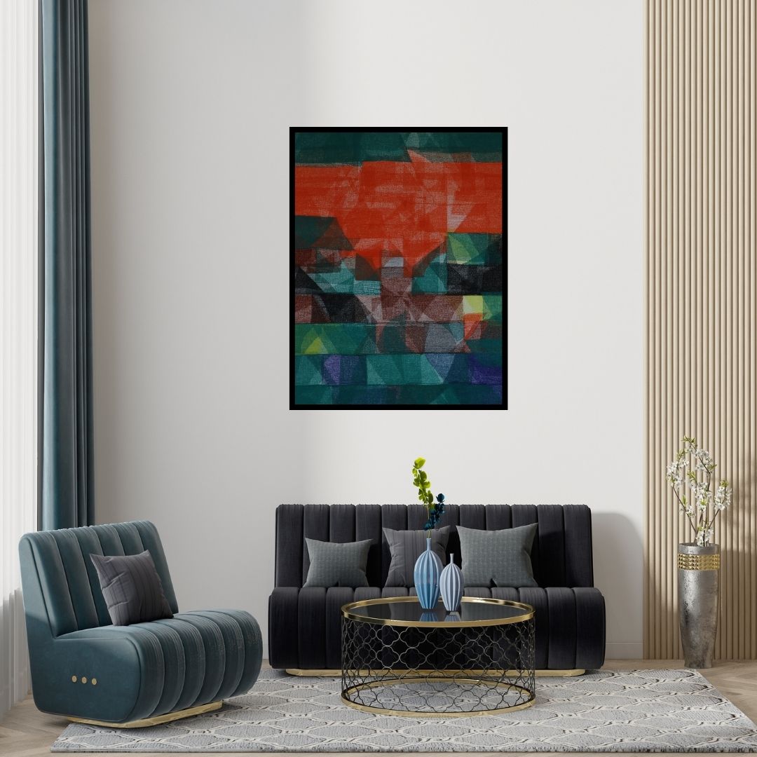 Preview of 'Untitled 123 (Crimson Horizon)' Painting by Vivek Nimbolkar shown on a wall in a furnished room.
