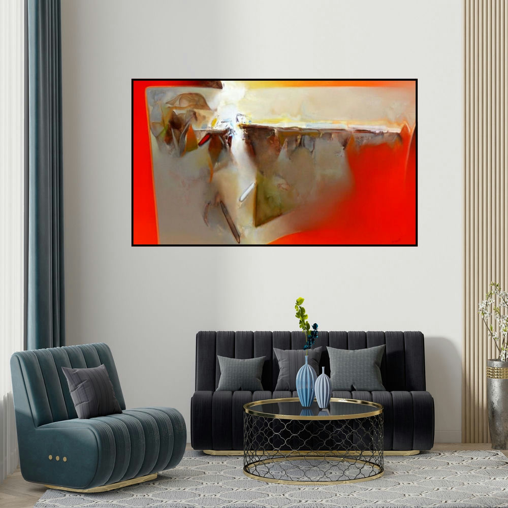 Shrikant Kadam's 'Untitled 124 (Inner Horizon)' painting visualized above a sofa in a contemporary room.