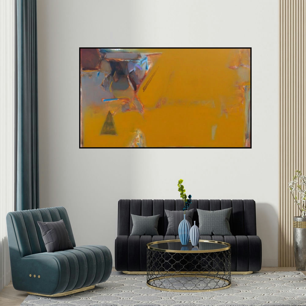 Shrikant Kadam's 'Untitled 125 (Golden Hour)' painting visualized above a sofa in a contemporary room.