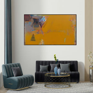 Shrikant Kadam's 'Untitled 125 (Golden Hour)' painting visualized above a sofa in a contemporary room.