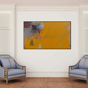 'Untitled 125 (Golden Hour)' painting by Shrikant Kadam shown on a wall in a furnished room.