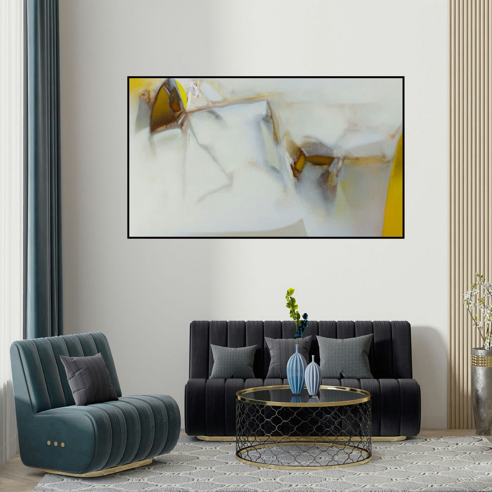 Shrikant Kadam's 'Untitled 126 (Serene Awakening)' painting visualized above a sofa in a contemporary room.