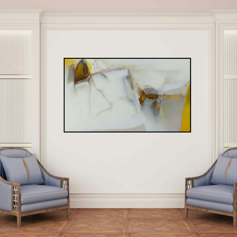 'Untitled 126 (Serene Awakening)' painting by Shrikant Kadam shown on a wall in a furnished room.