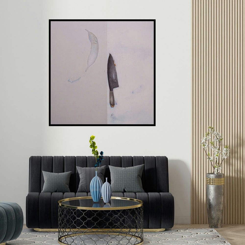 Arvind Patel's 'Untitled 1299 (Domestic Violence)' painting visualized above a sofa in a contemporary room.