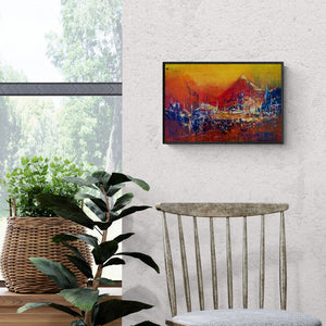 Preview of 'Untitled' Painting by Dnyaneshwar Dhavale shown on a wall in a furnished room.