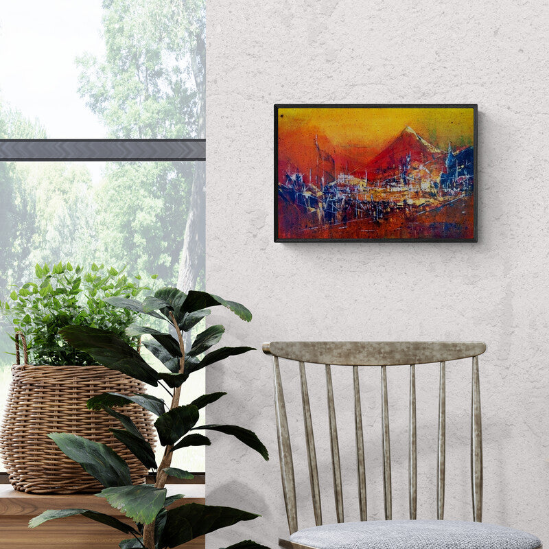 Preview of 'Untitled' Painting by Dnyaneshwar Dhavale shown on a wall in a furnished room.