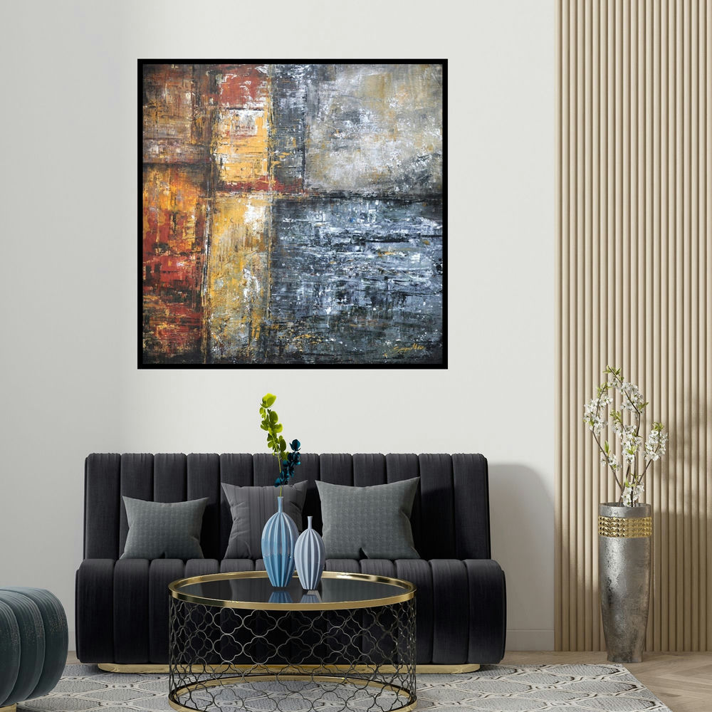 Sanjay Akolikar's 'Untitled 13 (Urban Textures)' painting visualized above a sofa in a contemporary room.