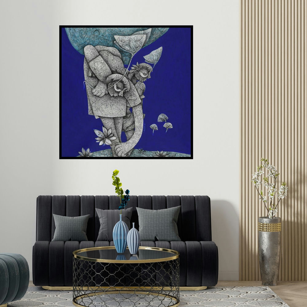 Mahavir Verma's 'Untitled 13 (Woman with Lotus and Bird)' painting visualized above a sofa in a contemporary room.