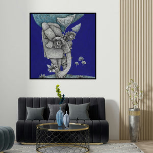 Mahavir Verma's 'Untitled 13 (Woman with Lotus and Bird)' painting visualized above a sofa in a contemporary room.