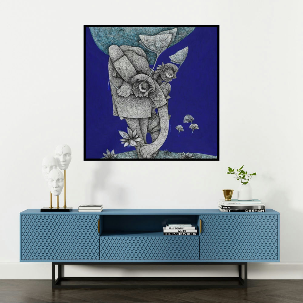 'Untitled 13 (Woman with Lotus and Bird)' painting by Mahavir Verma shown on a wall in a furnished room.