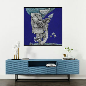 'Untitled 13 (Woman with Lotus and Bird)' painting by Mahavir Verma shown on a wall in a furnished room.