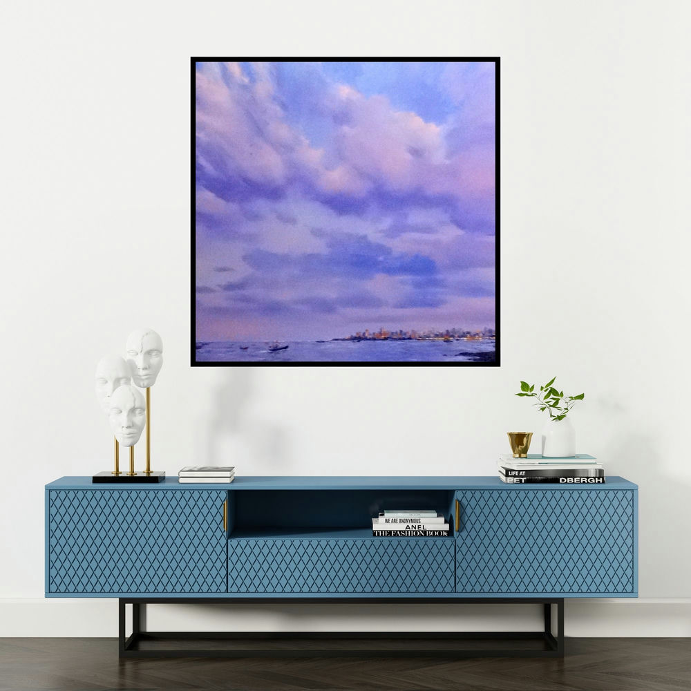 'Untitled 13 (Twilight Horizons)' painting by Azharuuddin Inamdar shown on a wall in a furnished room.