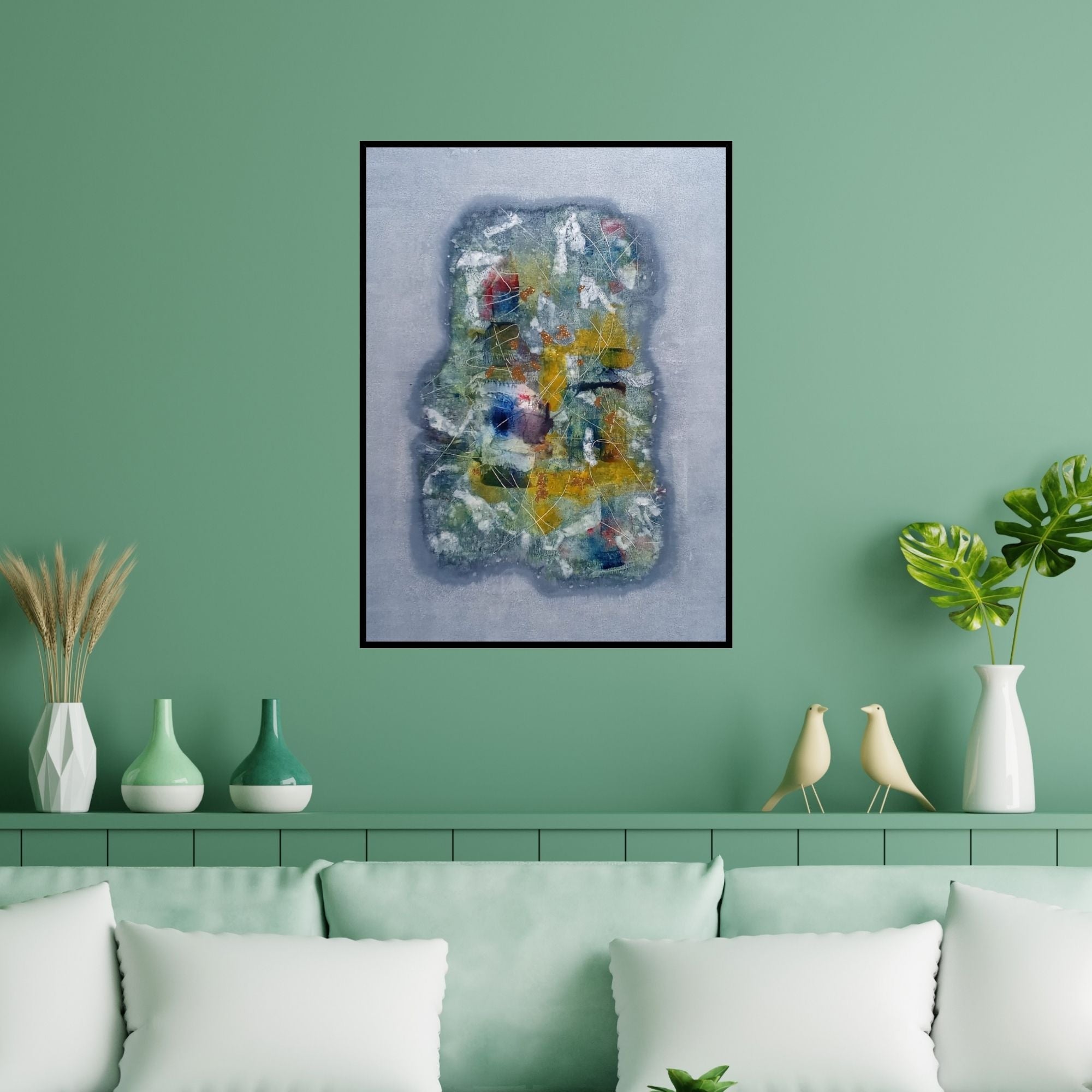 Preview of 'Untitled 13' Painting by Jai Chouhan shown on a wall in a furnished room.