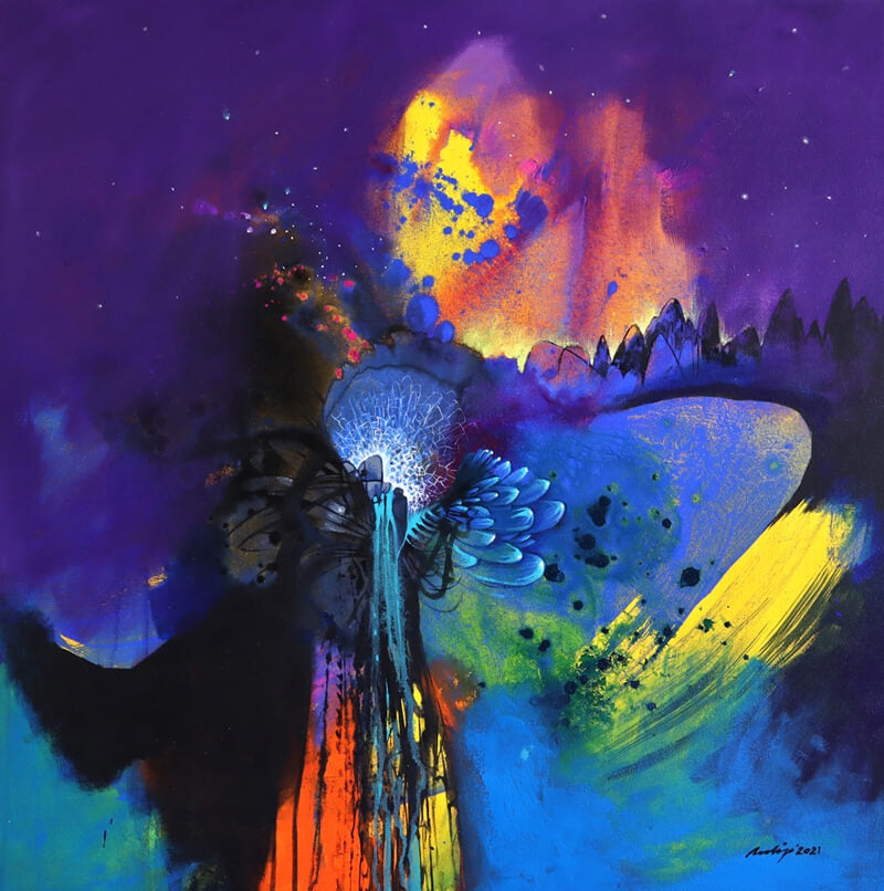 Untitled 13' abstract acrylic painting by artist Pradip Sengupta, 30x30 inch, on canvas