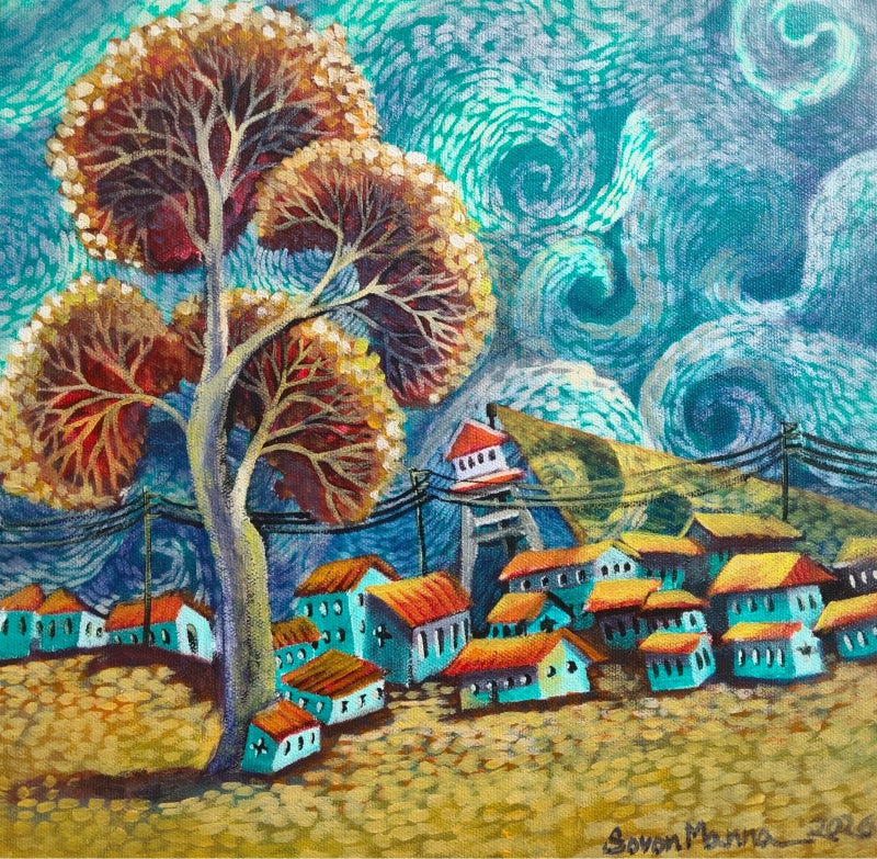 Untitled 13' contemporary acrylic painting by artist Sovon Manna, 12x12 inch, on canvas