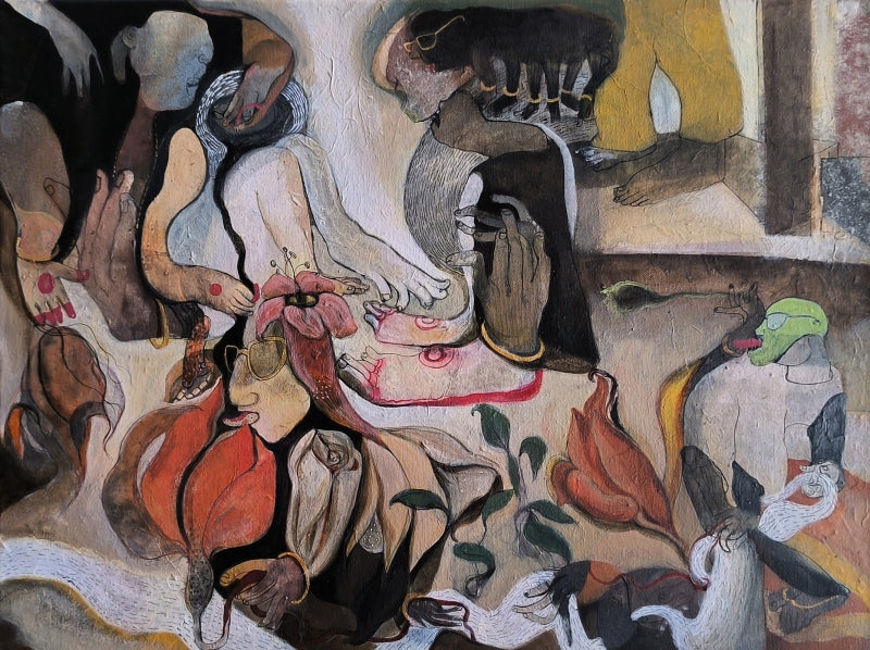 Untitled 13' contemporary mixed-media painting by artist Susmita Chowdhury, 7x9 inch, on canvas