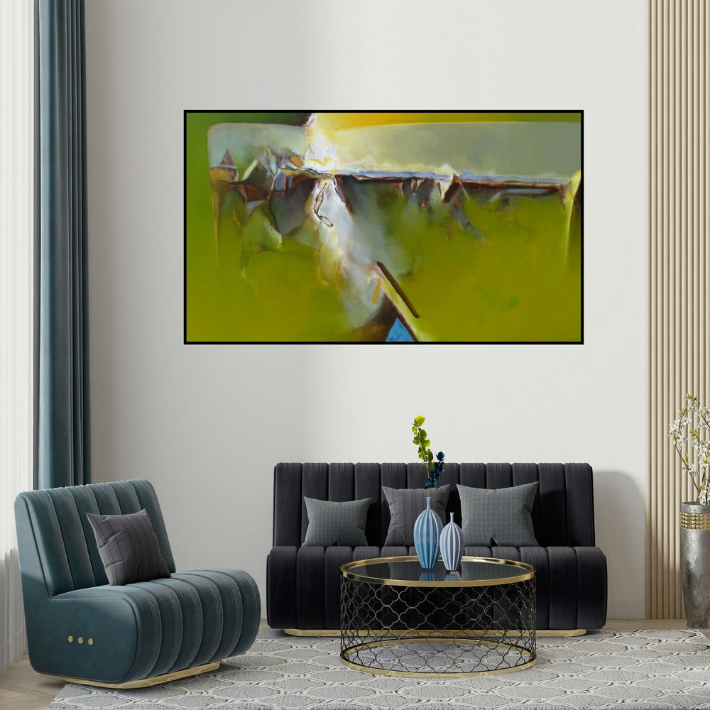 Shrikant Kadam's 'Untitled 130 (Illumination)' painting visualized above a sofa in a contemporary room.