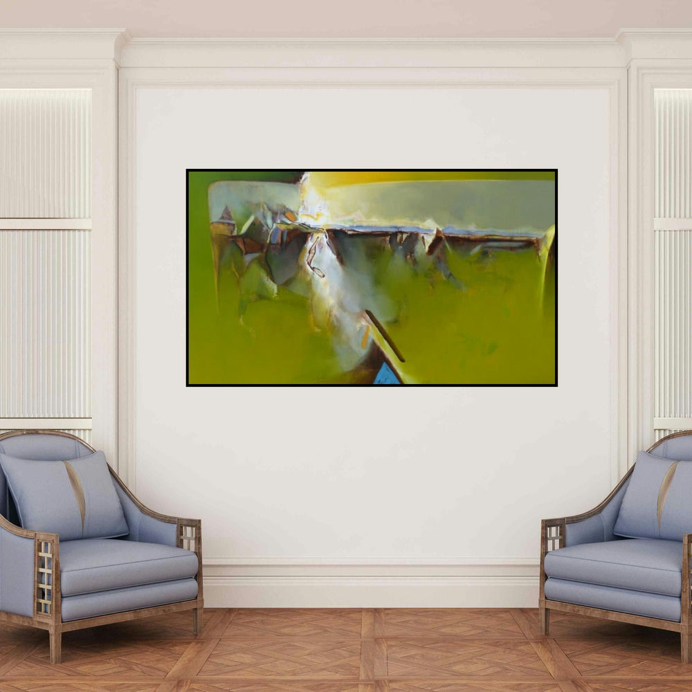 'Untitled 130 (Illumination)' painting by Shrikant Kadam shown on a wall in a furnished room.