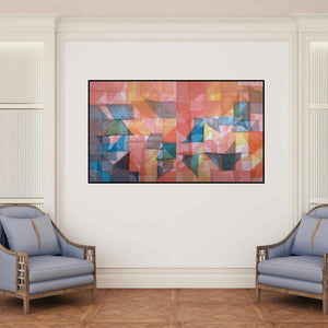 'Untitled 130 (Shifting Realities)' painting by Vivek Nimbolkar shown on a wall in a furnished room.